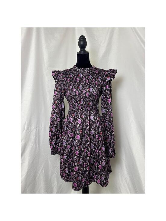 GAP Dresses & Skirts - Gap Floral Smocked Mini Dress Purple Pink Ruffle Long Sleeve Cotton Blend Small